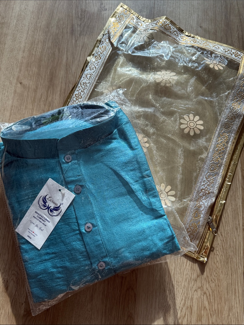 Casual Teal Men’s Button-Down Sherwani Shirt